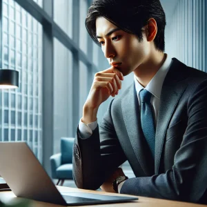 自分の長所や強み、そして弱みを真剣に自己分析するビジネスマン