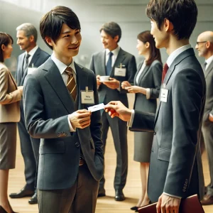 ビジネスイベントで名刺を交換し、ネットワーキングを行うビジネスパーソンの様子。
