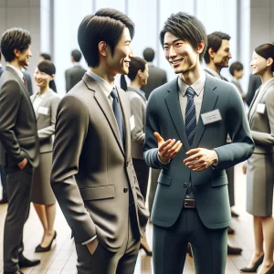 ビジネスイベントで他の参加者と積極的に会話を楽しむビジネスパーソン。