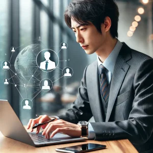 SNSを活用し、他のビジネスパーソンとオンラインでつながるビジネスパーソンの様子。