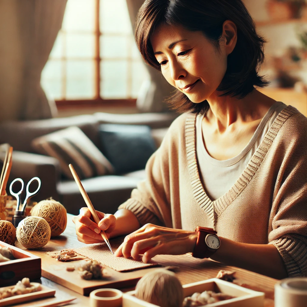 50代の日本人女性が、整然とした暖かみのある家庭環境でハンドメイド作品を制作している様子。自然光に照らされた作業スペースで、集中して手仕事を行っている。