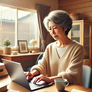 日本人のシニアが家庭内のオフィスで、ラップトップを使ってブログ作成に取り組んでいるシーン。温かく居心地の良い雰囲気で、デスクには植物や個人のアイテムが配置され、シニアが集中して作業している様子が表現されています。