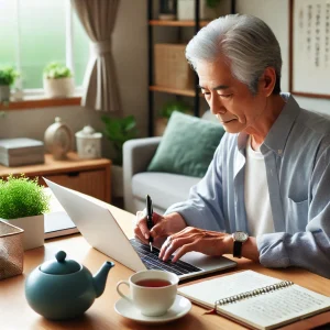 自宅の快適なホームオフィスで、ブログ記事を執筆する日本人のシニア。