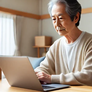 ブログ記事を真剣に執筆する日本人のシニア。