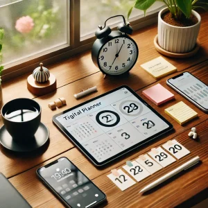 日本のモダンなワークスペースにデジタルプランナーがタブレットに表示され、付箋やスマートフォン、木製のデスクの上に置かれたお茶のカップが配置されています。時間管理ツールを活用するリモートワーク環境を強調し、自然光が明るく部屋を照らしています。