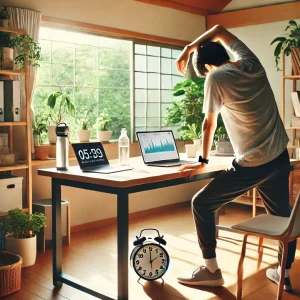 日本の家庭的なオフィスで、リモートワーク中にデスクのそばで軽いストレッチをしている人物。机の上にはノートパソコン、タイマー、水ボトルが配置され、窓から自然光が差し込み、背景には植物が飾られている。健康的な休憩を強調したシーン。