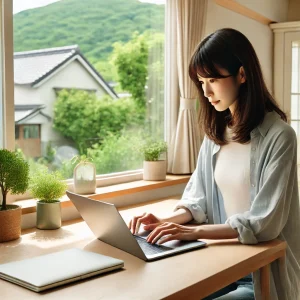 自宅でリモートワークをする日本人女性のイメージ