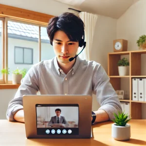 オンライン会議をしている日本人男性のイメージ。リモートワークでコミュニケーションを取る様子を表現。