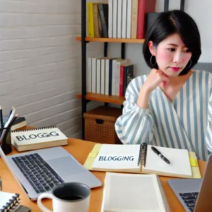  カジュアルな服装の日本人ブロガーが、居心地の良いホームオフィスでブログ戦略に取り組んでいます。デスクにはノートパソコンやメモ、コーヒーカップが置かれており、背景には本棚があり、戦略的なブログ運営と収益化のイメージが広がります。