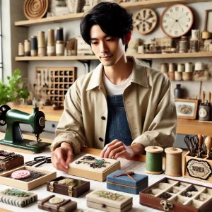 カジュアルな服装の日本人クラフト制作者が、テーブルにパーソナライズされたハンドメイドアイテムを丁寧に並べています。カスタマイズやヴィンテージ風デザインのトレンドを象徴し、背景には整然としたクラフトツールと材料が映っています。