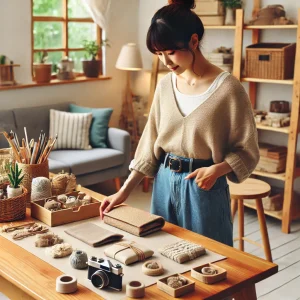 カジュアルな服装をした日本人クラフト制作者が、スタジオの整理されたテーブルでハンドメイド商品を丁寧に並べ、価格設定とマーケティング戦略を象徴しています。背景には整然と配置されたツールや素材が映り、ビジネスのための考慮深いアプローチが強調されています。