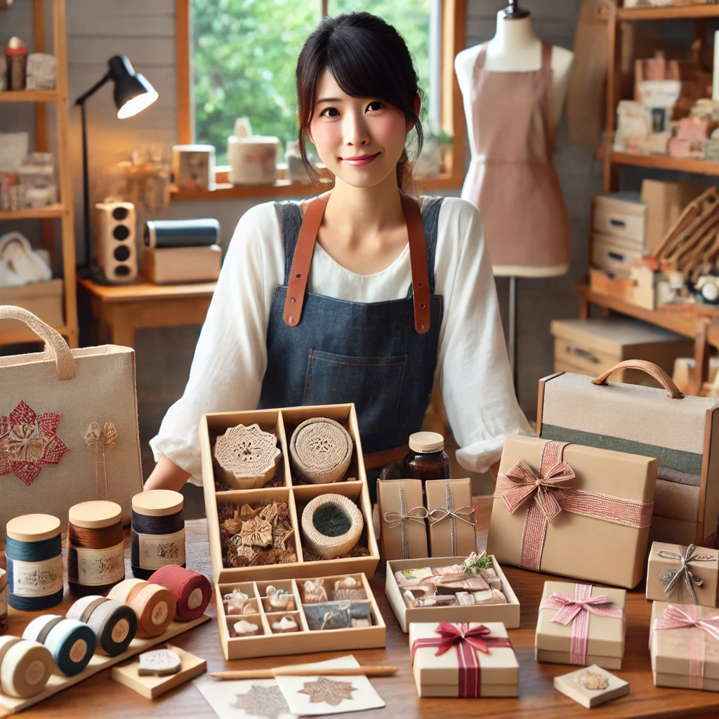 カジュアルな服装をした日本人クラフト制作者が、テーブルに並べたセット商品やギフトパッケージを展示しています。多様な商品ラインナップと季節ごとのマーケティングを象徴しており、背景には整理されたクラフト材料が映っています。