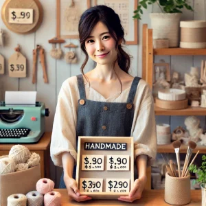 カジュアルな服装をした日本人クラフト制作者が、ハンドメイド商品の価格設定やプロモーション戦略を計画している様子。スタジオには整然とクラフト材料が並び、収益性向上のための割引戦略やキャンペーンの計画を象徴しています。