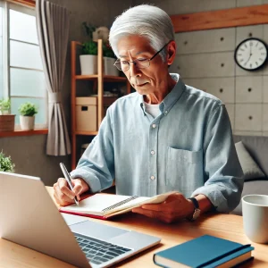 日本のシニアが自宅でノートパソコンとノートを使用し、集中してオンライン調査を行っている様子。シンプルで整然としたホームオフィス環境。