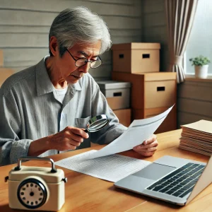 日本のシニアが自宅のデスクで印刷された文書を拡大鏡で校正している様子。静かで集中できるホームオフィス環境。