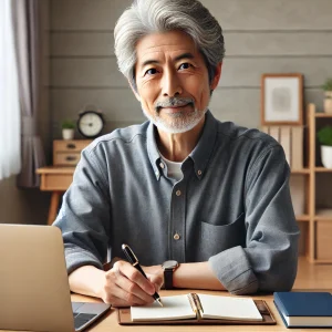 「日本のシニア向けのプロフェッショナルで心地よいホームオフィス。ラップトップとノートパッドが整った清潔なデスクで、リモートのデータ入力や校正業務に適した環境。