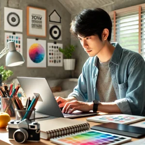 日本人のフリーランスグラフィックデザイナーが自宅オフィスでラップトップを使い、デザインツールに囲まれて作業している様子