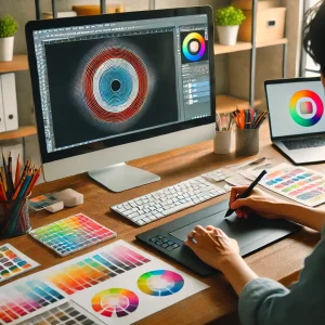 日本人のフリーランスグラフィックデザイナーがAdobe Illustratorでカラフルなロゴデザインを制作している様子