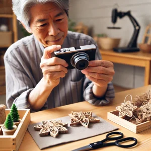 日本のシニアがホームオフィスでカメラを使い、ハンドメイド作品を撮影している様子。整然とした暖かみのある環境。