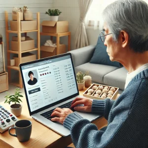 日本のシニアが整然としたホームオフィスでノートパソコンを使い、ハンドメイド商品の販売管理をしている様子。