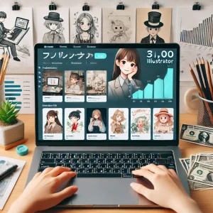 日本人のフリーランスイラストレーターがオンラインプラットフォームでさまざまなイラストを表示している様子
