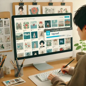 日本人のフリーランスイラストレーターがAdobe Stockのようなプラットフォームにイラスト作品をアップロードしている様子