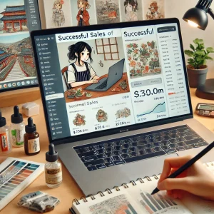 日本人のフリーランスイラストレーターがEtsyなどのプラットフォームでのイラストの販売結果を確認している様子