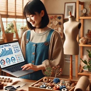 カジュアルな服装をした日本人クラフト制作者が、自宅スタジオでノートパソコンを使い、SNSのメトリクスを確認中。近くにはハンドメイド商品が並べられ、SNSマーケティングにおける分析の重要性を象徴しています。温かみと創造性あふれるワークスペースが背景に映っています。この画像は、ハンドメイドビジネスのSNS戦略向上における分析の役割を表しています。