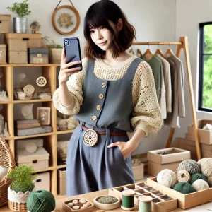 自宅のスタジオでハンドメイドアクセサリーを並べる日本人クラフト制作者。近くにはSNSアプリのインターフェースが表示されたスマートフォンがあり、オンラインでのハンドメイド商品販売におけるマーケティング戦略を象徴しています。整然としたクラフト材料と暖かい自然光が、創造性とデジタルマーケティングの融合を引き立てています。