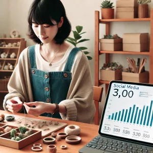カジュアルな服装をした日本人クラフト制作者が、自宅スタジオでノートパソコンを使い、SNSのメトリクスを確認中。近くにはハンドメイド商品が並べられ、SNSマーケティングにおける分析の重要性を象徴しています。温かみと創造性あふれるワークスペースが背景に映っています。この画像は、ハンドメイドビジネスのSNS戦略向上における分析の役割を表しています。