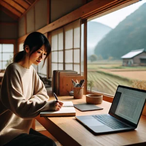地方の自宅でリモートワークとしてライティングを行う日本人女性。