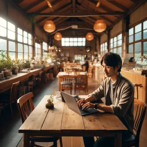 地方のカフェでリモートワークをする日本人男性。
