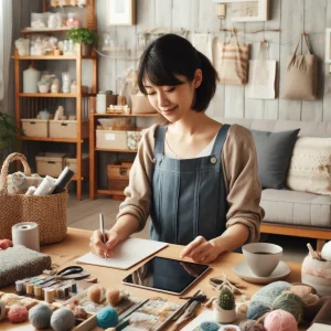 カジュアルな服装をした日本人クラフト制作者が、自宅のスタジオで手作りの商品を丁寧に検品しています。周囲にはさまざまなハンドメイド商品が並び、品質と細部へのこだわりが表現されています。整然としたクラフト材料が背景に映り、成功するためのハンドメイドビジネスの道筋を象徴しています。