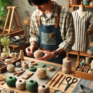 カジュアルな服装の日本人クラフト制作者が、テーブルに制作した商品を丁寧に並べています。整然とした背景が、癒しのハンドメイド商品の雰囲気を強調しています。