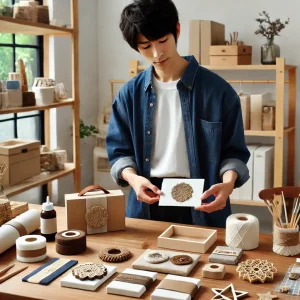 カジュアルな服装をした日本人クラフト制作者が、自宅のスタジオで手作りの商品をテーブルに並べ、ブランドスタイルの一貫性を追求しています。整然としたクラフト用具や素材が背景に映り、成功するハンドメイドビジネスにおけるブランディングの重要性を象徴しています。