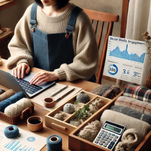 カジュアルな服装をした日本人クラフト制作者が、ノートパソコンでSNSの分析ダッシュボードを確認中。周囲にはさまざまなハンドメイド商品が並び、オンラインエンゲージメントとデータ分析の重要性を象徴しています。背景には整然としたクラフト素材が配置され、ハンドメイドビジネスの成功に向けた作業環境を表現しています。