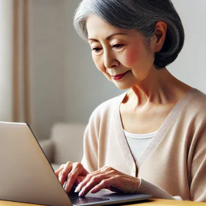 日本人のシニアオンライン講師が自宅の書斎で授業資料を確認している様子