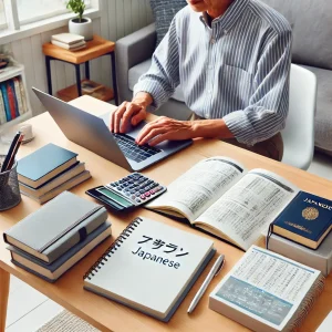「日本のシニアが自宅デスクで翻訳用の資料とともに仕事をしている様子。平和で集中できる雰囲気のシンプルなホームオフィス。