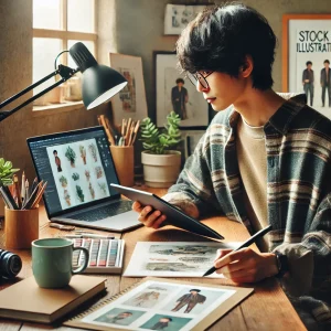 カジュアルな服装の日本人イラストレーターが、自宅のオフィスでデジタルタブレットを使ってストックイラストの仕上げを行っています。
