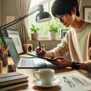 カジュアルな服装の日本人イラストレーターが、明るいホームオフィスでデジタルタブレットを使ってストックイラストを制作しています。デスクにはノートパソコン、コーヒーカップ、スケッチブックが置かれ、ストックイラストの制作と販売の過程を象徴しています。
