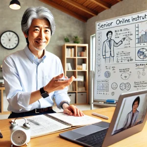 日本人のシニアが自宅の快適なオフィスでオンライン講師として授業を行っている様子