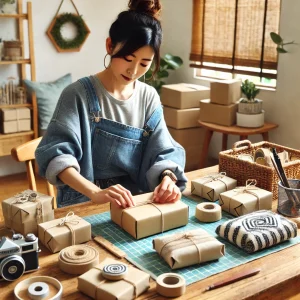 オリジナルな梱包を工夫する女性