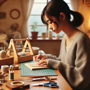 10代の日本人の少女が、居心地の良い家庭環境でハンドメイド作品を作成している様子。自然光に照らされたシンプルで整った作業スペースで、真剣に作品作りに取り組んでいる。