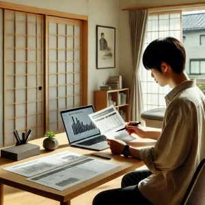 上司にフィードバックを伝えるための準備を進めるシーン。デスク上には資料とノートPCが置かれ、働く日本人のリモートワーク環境が示されています。