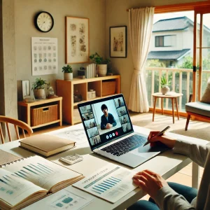 日本のホームオフィスで、リモート会議中にフィードバックを整理して伝えている人物。画面には資料が共有され、明るい雰囲気で話し合う様子が描かれています。