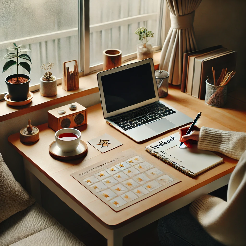 日本のリモートオフィスで、1on1ミーティングを行う人物。パソコン画面には進捗表が表示され、フィードバックを共有している様子が描かれています。