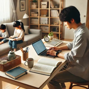 日本の家庭用リビングスペースに設置されたホームオフィス。親が小さな机でノートパソコンに向かって仕事をしており、子供たちはそばで静かに読書をしている。机上にはプランナー、お茶のカップ、小さな観葉植物が配置され、調和の取れた家族と仕事のバランスを示している。
