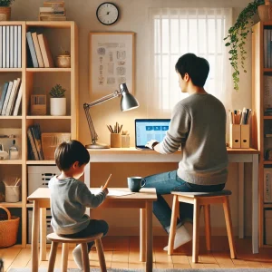 日本のホームオフィスで、親がノートパソコンに向かって作業し、子供がそばの小さなテーブルで静かに絵を描いているシーン。整理された本棚、デスクランプ、自然光が差し込む窓があり、デスクにはお茶のカップと文房具が置かれ、家族と仕事のバランスが象徴されています。
