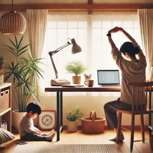 日本の家庭的なホームオフィスで、親がデスクで軽くストレッチをしているシーン。小さな観葉植物、デスクランプ、お茶のカップが配置された机があり、窓から自然光が差し込む。そばでは子供が本を読んでおり、リラックスしたバランスの取れた作業環境が示されています。