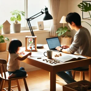 日本の家庭用オフィスで、親がノートパソコンに向かって作業し、子供が隣のテーブルでパズル遊びをしているシーン。自然光が差し込み、デスクランプや観葉植物が配置された明るく開放的な空間で、親のデスクにはコーヒーカップが置かれ、家族と仕事の調和が示されています。